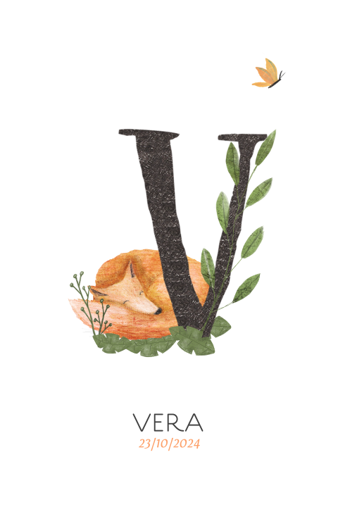 Lief geboortekaartje met initiaal V van vos en vlinder