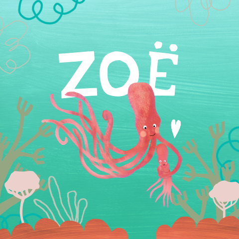 Geboortekaartje met octopus baby in de groene zee