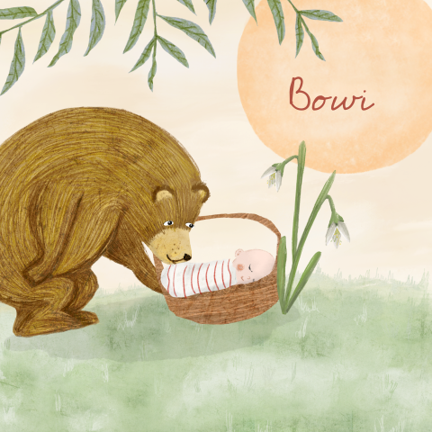 Geboortekaartje tekening beer met baby in mandje