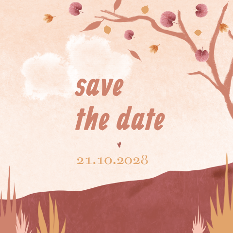 Getekende save the date kaar romantisch oudroze herfstlandschap