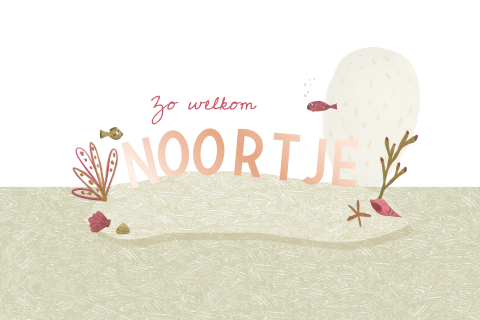 Geboortekaartje onderwater met getekende visjes en waterplantjes