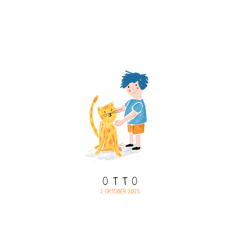 Geboortekaartje met tekening van een  jongetje en oranje kat