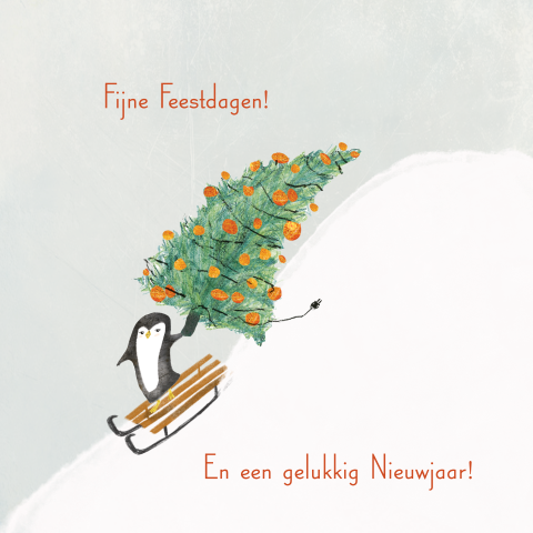 Kerstkaartje met een pinguin met een kerstboom op de slee
