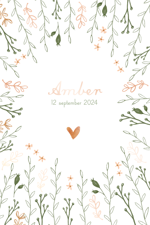 Geboortekaartje met veldbloemen en koperfolie
