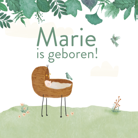 Geboortebord met baby in een wiegje in het groen