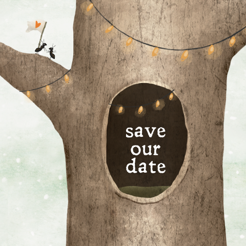 Winterse save the date kaart met illustratie holle boom en mieren