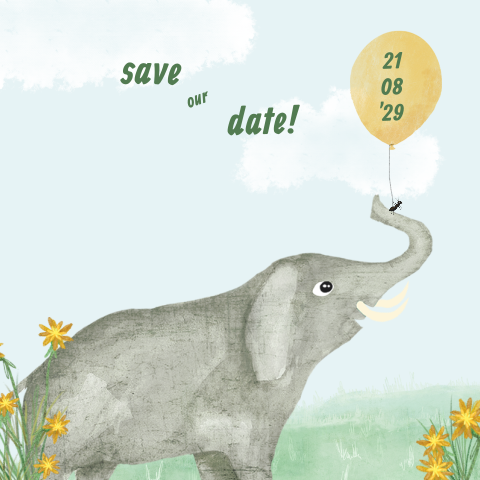 Save the date kaartje tekening olifant ballon