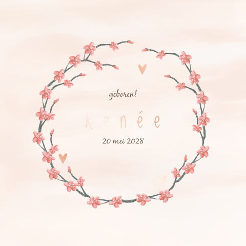Romantisch geboortekaartje met krans van bloesem