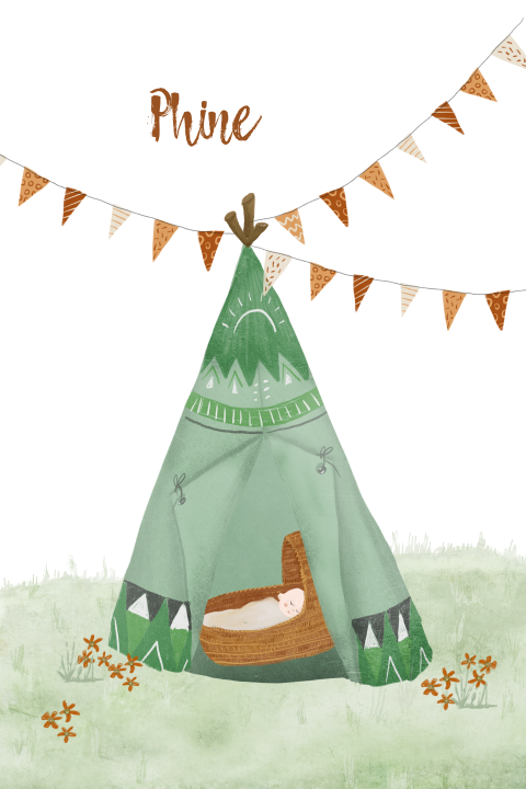 Geboortekaartje met baby in groene tipi