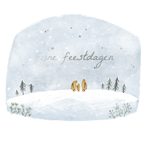 Lief kerstkaartje met een berenfamilie in de sneeuw met zilverfolie