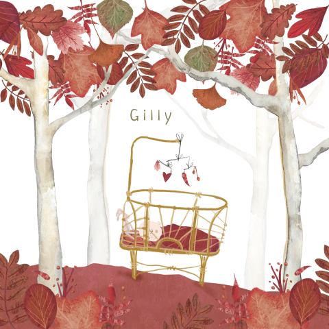 Geboortekaartje met wiegje in het bos met donkerrode blaadjes