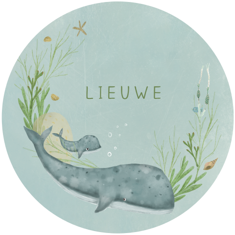 Rond geboortekaartje met walvis en baby