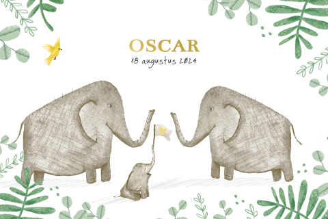 Schattig goudfolie geboortekaartje met olifantjes en junglebladeren