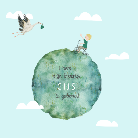 Gevouwen kaartje met wereldbol, jongetje en een ooievaar