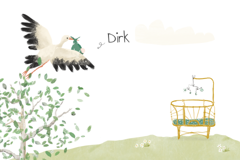 Geboortekaartje met een ooievaar, wiegje en baby'tje