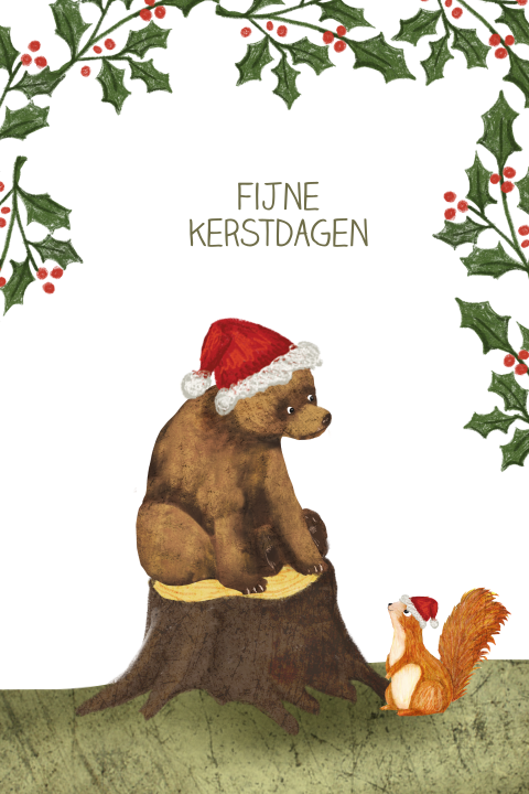 Kerstkaartje met beer en eekhoorn met kerstmuts en hulst