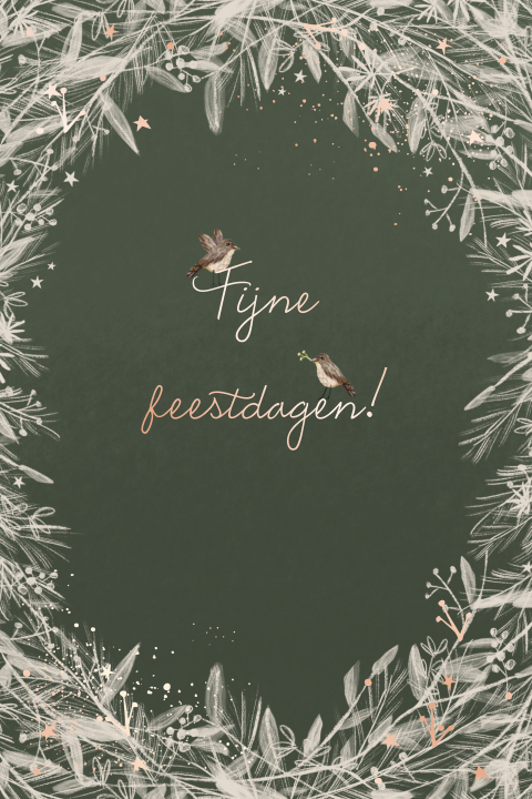 Kerstkaartje krans, vogeltjes en foliedruk