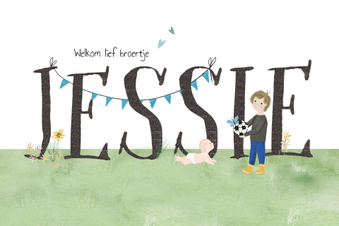 Geboortekaartje letters met tekening broertje, voetbal en baby