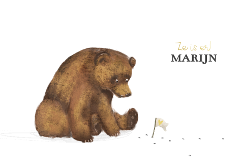 Geboortekaartje met beer en mieren in een optocht