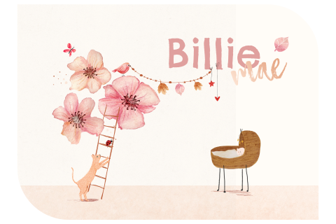 Bohemian geboortekaartje vorm met wiegje en roze bloemen