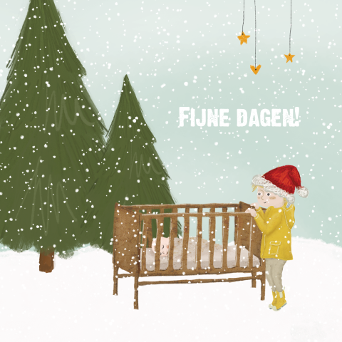 Kerstkaartje met baby en kindje in de sneeuw