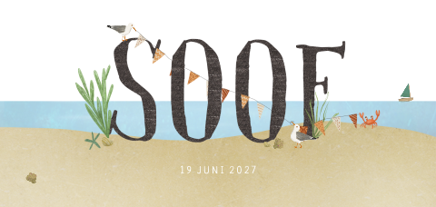 Geboortekaartje grote letters op het strand met slingers