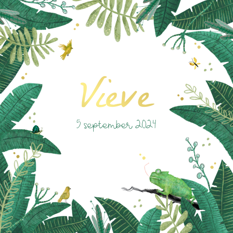 Hip jungle geboortekaartje met kameleon en vogeltjes