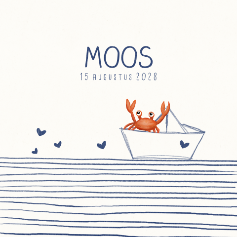 Zomer geboortekaartje met krab in bootje