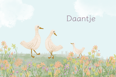 Geboortekaartje familie eend bloemenveld