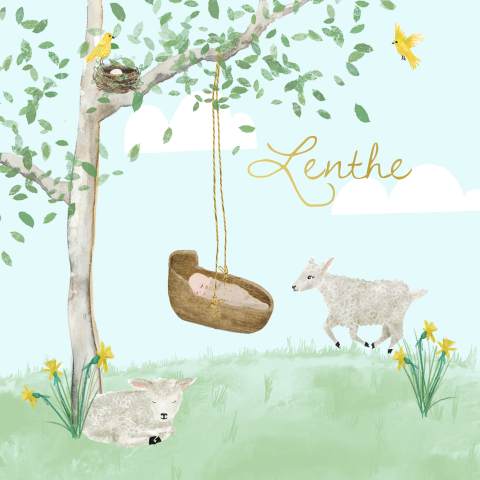 Lente geboortekaartje tekening bos hangend wiegje