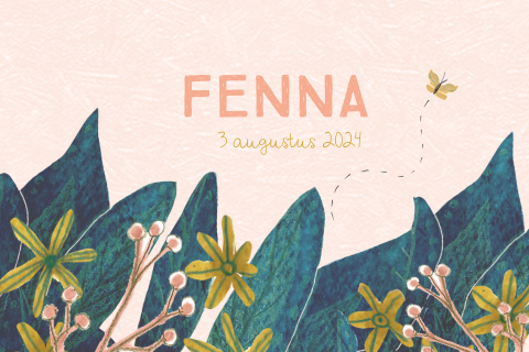 Geboortekaartje botanisch met jungle blad, bloemen en vlindertje