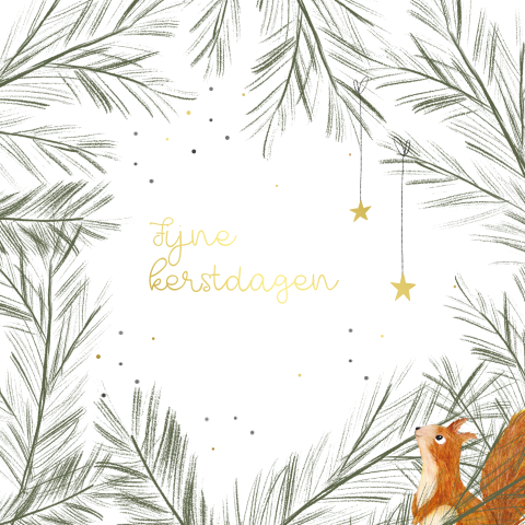 Kerstkaartje met gouden sterretjes in dennentakken