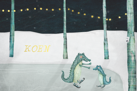 Winters geboortekaartje met schaatsende krokodillen en goudfolie
