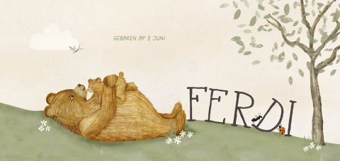 Geboortekaartje tekening grote beer met babybeer in het gras