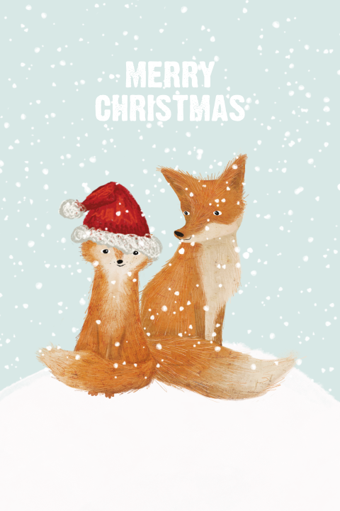 Kerstkaartje vosjes met kerstmuts in de sneeuw