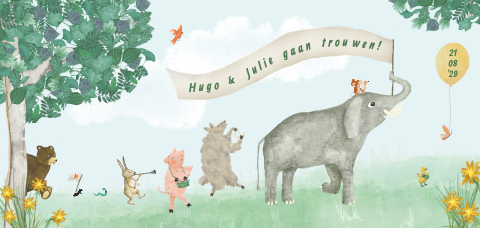 Speelse trouwkaart tekening dierenparade zomer
