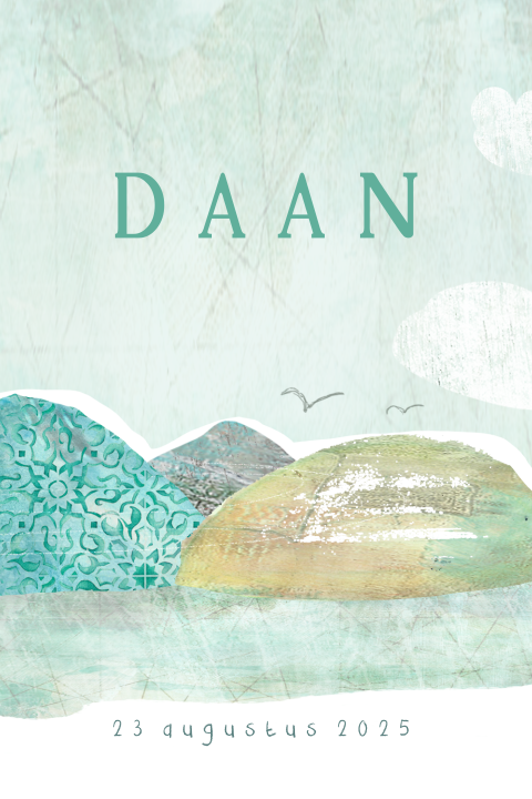 Geboortekaartje vintage tekening bergen in zee