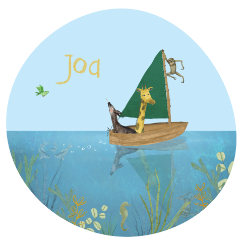 Rond geboortekaartje met illustraties van dieren in een bootje