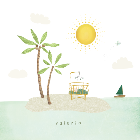 Tropisch geboortekaartje met wiegje op een eiland