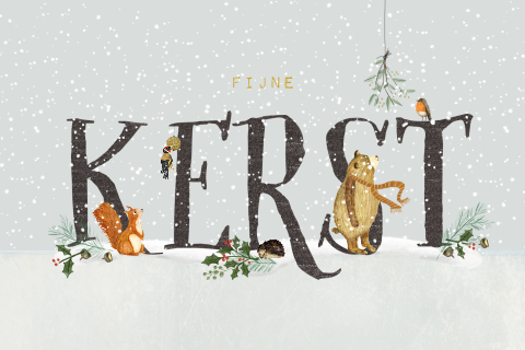 Kerstkaartje met letters bosdieren in sneeuw