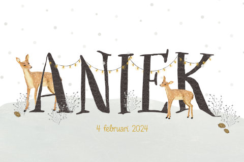 Geboortekaartje met grote letters, lichtjes en hertjes in de sneeuw