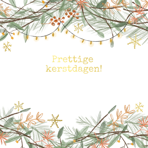 Kerstkaartje met groen en rode kerstkrans en goudfolie tekst
