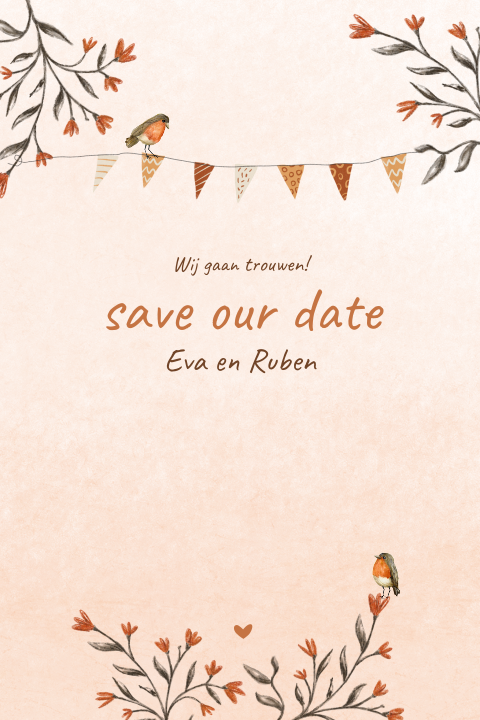 Save the date kaart roodborstjes, bloemen en vlaggetjes