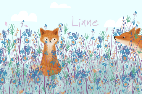 Geboortekaartje vosjes in een blauwe bloemenweide