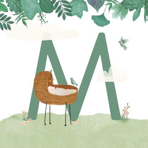 Geboortekaartje initiaal met baby wiegje lentebos