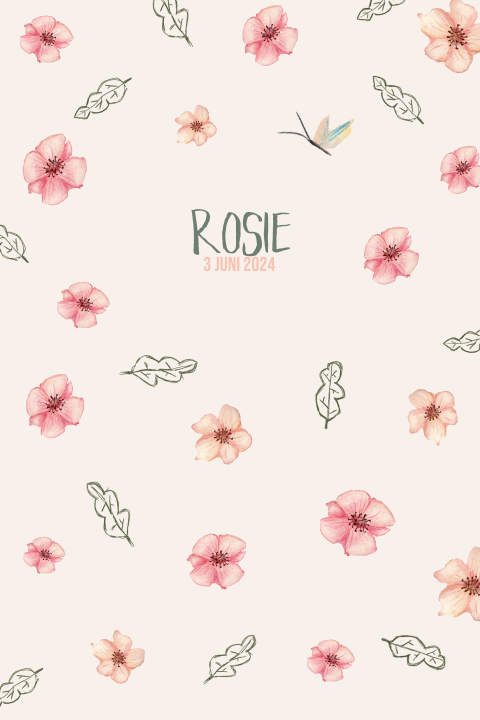 Geboortekaartje met patroon van roze bloemen en blaadjes