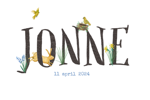 Geboortekaartje alfabet letters met een vogelnestje en lentebloemen