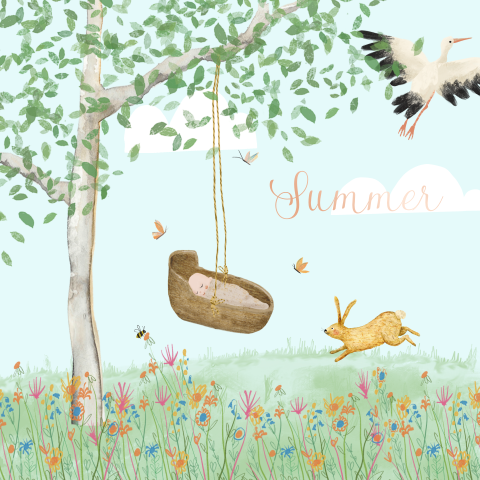 Zomer geboortekaartje tekening bos hangend wiegje