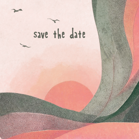 Save the date kaartje heuvels met zon roze groen retro