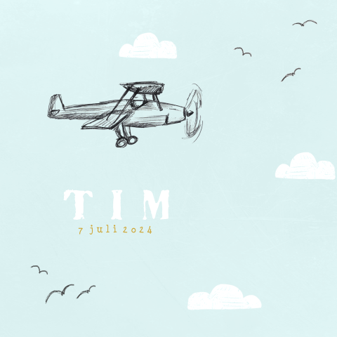 Geboortekaartje met handgetekend vliegtuigje in de lucht met wolkjes